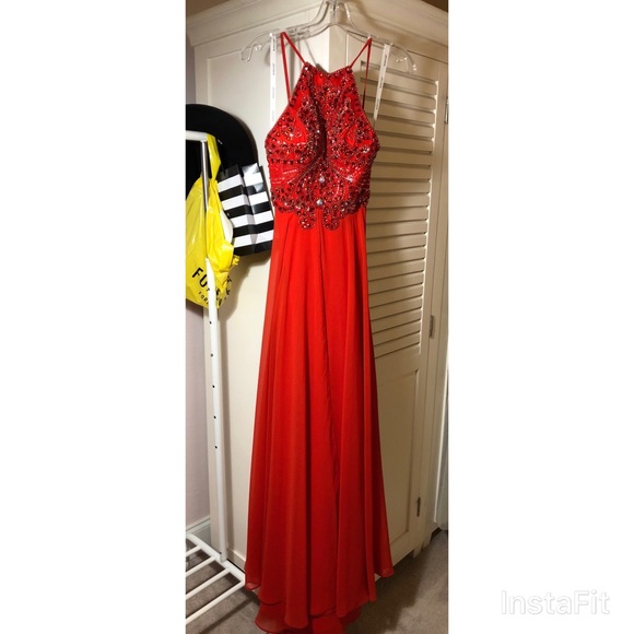 LIKE NEW Jovani Halter Backless Red Dress - Picture 3 of 5